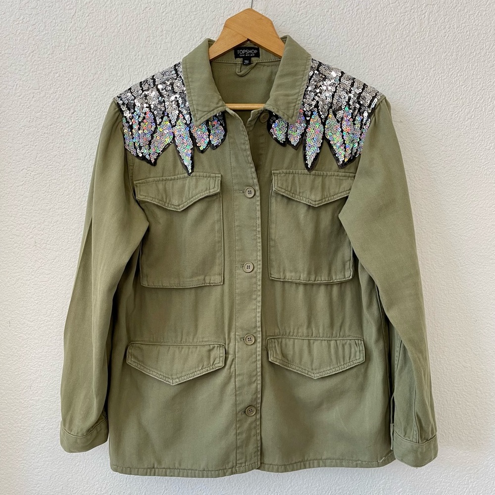 Topshop Ethan Sequin Wing Jacket Army Green Military Shacket Size 10